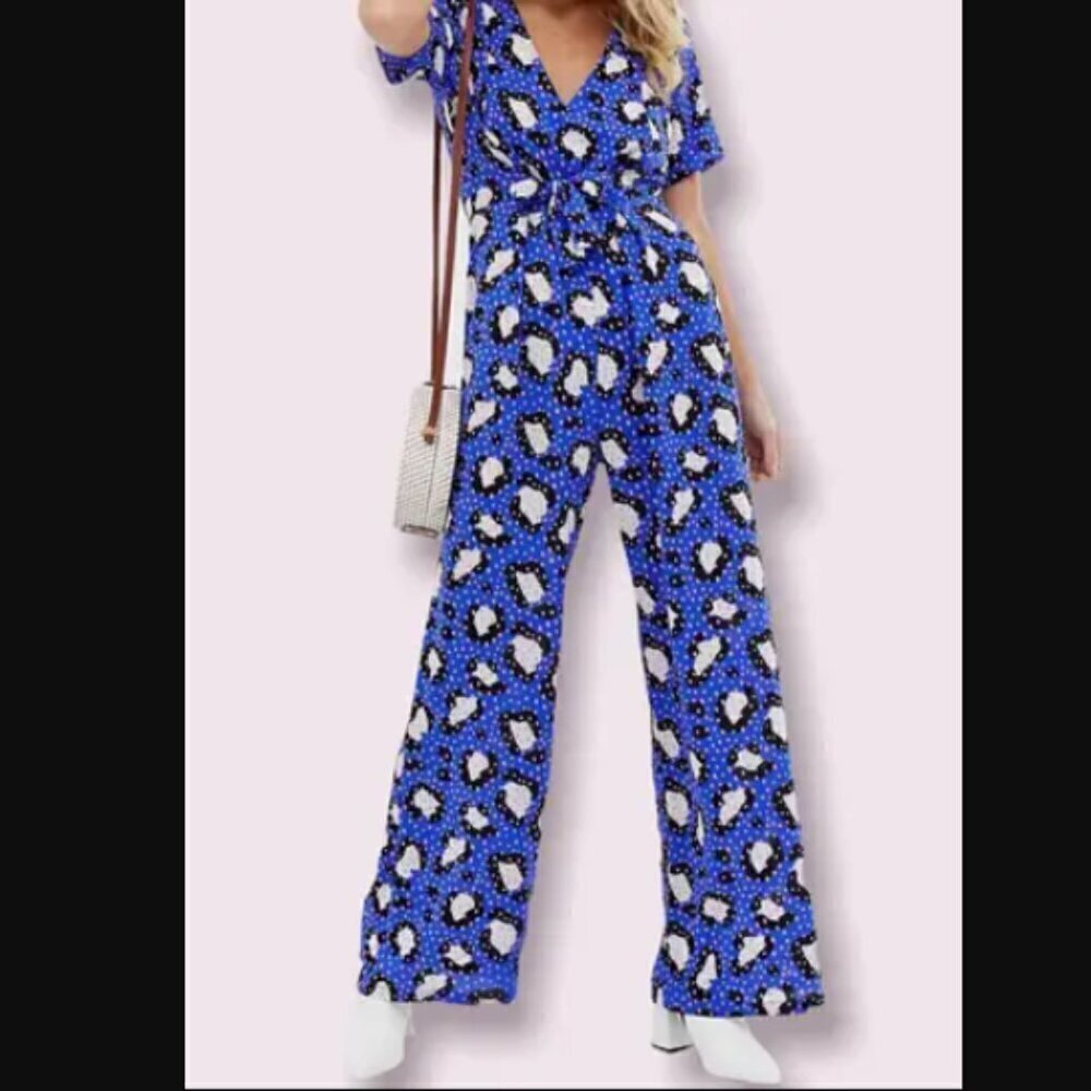 Asos Bright Blue Cheetah Print Speckled Wide Leg Jumpsuit 6